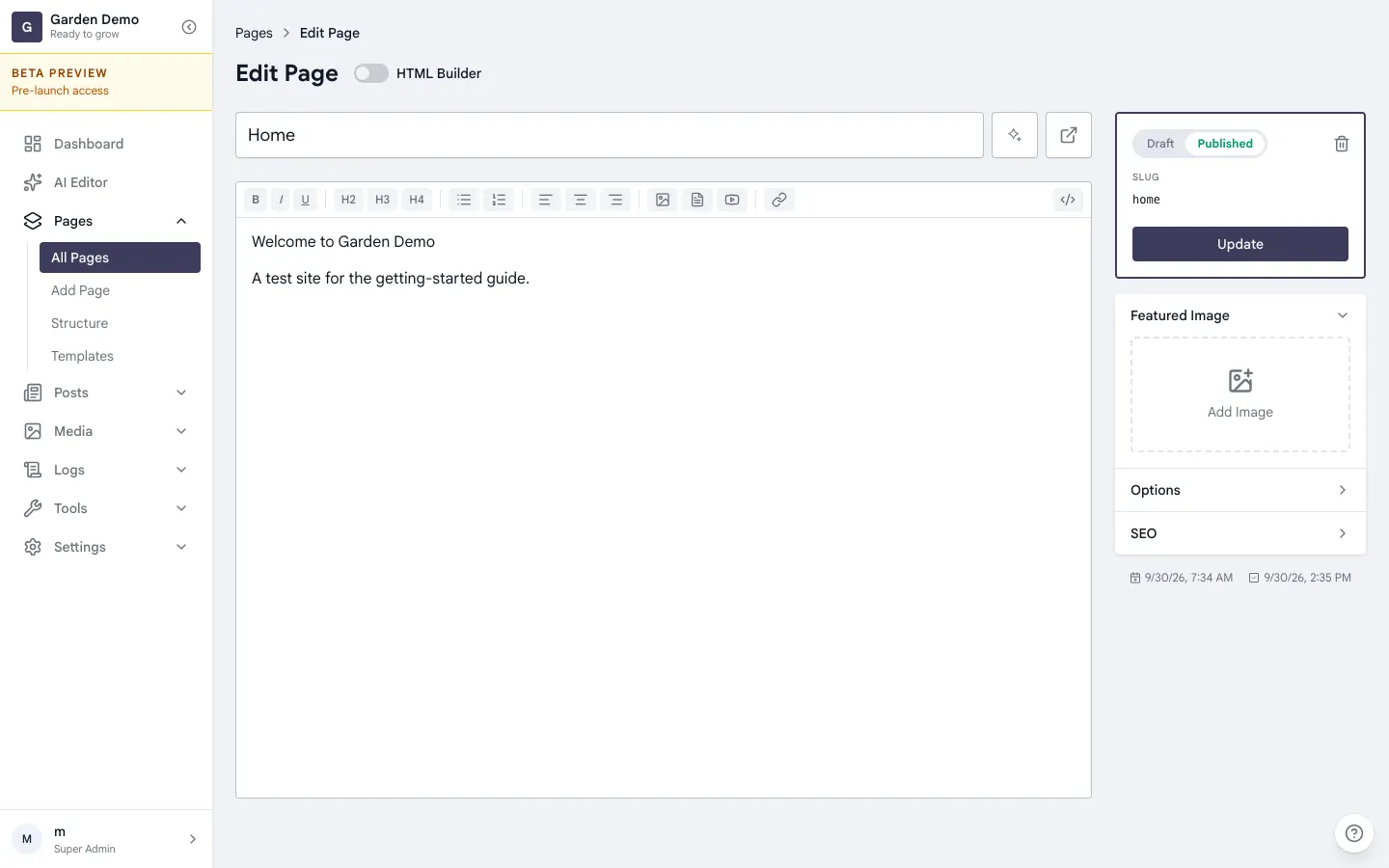 Editing the Home page with the HTML Builder switch off, Published selected, slug home and the Update button